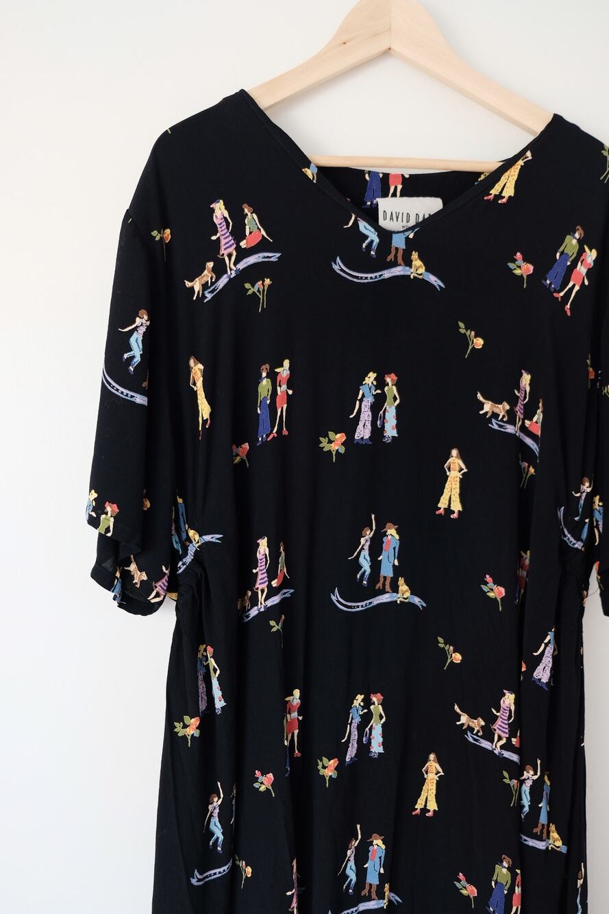 Vintage David Dart Woman Novelty Print Dress Size 3X Black Art to Wear Whimsical